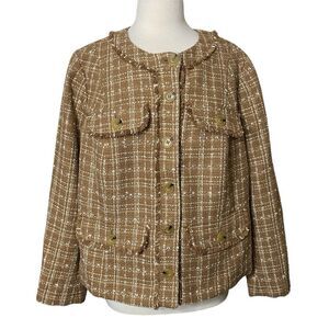 Talbots Womens Size 16WP Tweed Fringe Blazer Jacket Tan White